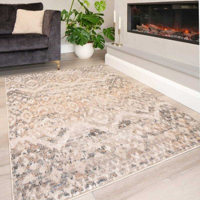 Neutral Beige Distressed Diamond Geometric Soft Living Area Rug 60x110cm