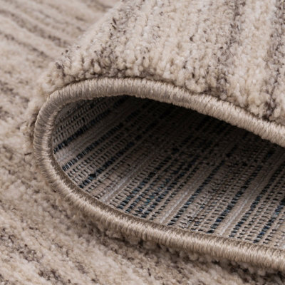 Neutral Beige Distressed Striped Geo Border Soft Living Area Rug 240x330cm
