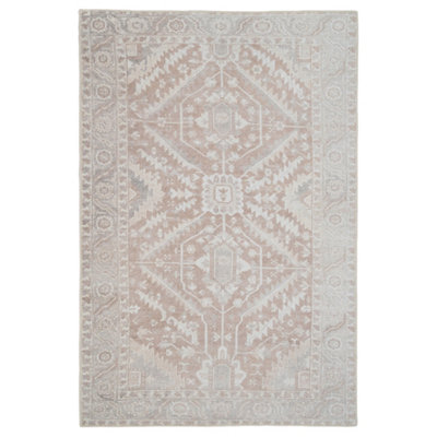 Neutral Beige Geometric Medallion Anti Slip Washable Rug 120x170cm