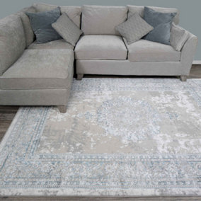 Neutral Beige Traditional Medallion Bordered Living Area Rug 60x110cm