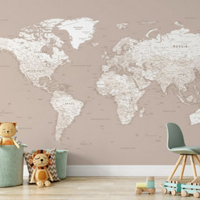 Neutral Beige World Map Wallpaper Mural - Peel & Stick Wallpaper - Size Small (300 x 250 cm)