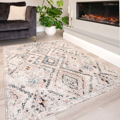 Neutral Blue Distressed Tribal Diamond Soft Living Area Rug 200x290cm