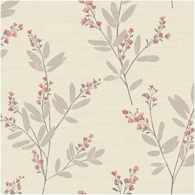 Neutral Floral Wallpaper Cream Orange Botanical Leaf Sprig Smooth Paper