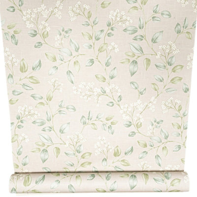 Neutral Green Leaf Wallpaper Floral Linen Pattern Smooth Finish Feature Wall