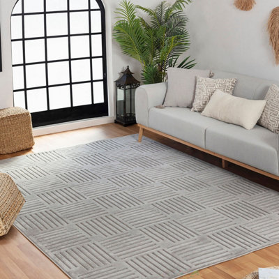 Neutral Grey Modern Outdoor Rug, Geometric Stain Resistant Easy to ...