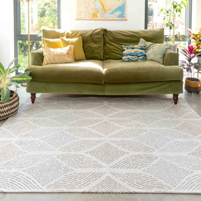 Neutral Modern Geometric Trellis Recycled Cotton Rug 120x170cm DIY at B&Q