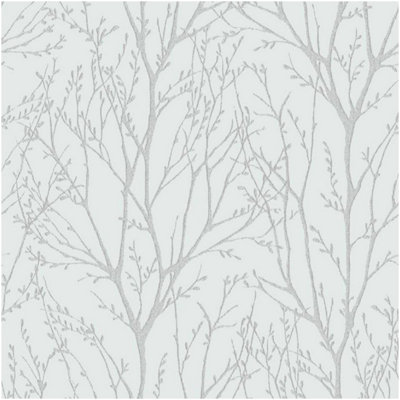 Neutral Wallpaper White Silver Tree Branch Woodland Forest Design Smooth Paper