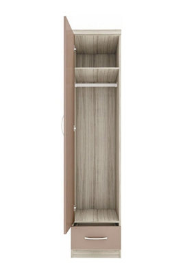 Nevada 1 Door 1 Drawer Wardrobe - L52 x W40 x H182.5 cm - Oyster Gloss/Light Oak Effect Veneer
