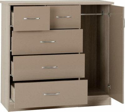 Nevada 1 Door 5 Drawer Low Wardrobe Oyster Gloss and Oak Effect
