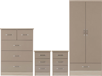 Nevada 2 Door 1 Drawer Wardrobe Bedroom Set Oyster Gloss Robe Chest Bedside x2