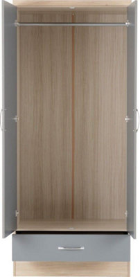 Nevada 2 Door 1 Drawer Wardrobe in Grey  Light Oak Effect Veneer