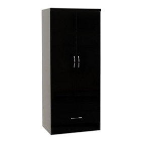 Nevada 2 Door 1 Drawer Wardrobe - L52 x W78 x H182.5 cm - Black Gloss