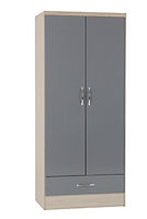Nevada 2 Door 1 Drawer Wardrobe - L52 x W78 x H182.5 cm - Grey Gloss/Light Oak Effect Veneer