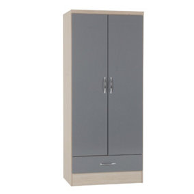 Nevada 2 Door 1 Drawer Wardrobe - L52 x W78 x H182.5 cm - Grey Gloss/Light Oak Effect Veneer