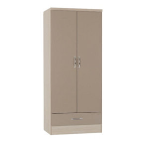 Nevada 2 Door 1 Drawer Wardrobe - L52 x W78 x H182.5 cm - Oyster Gloss/Light Oak Effect Veneer