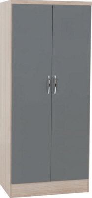 Nevada 2 Door All Hanging Wardrobe in Grey Gloss and Light Oak Effect Veneer