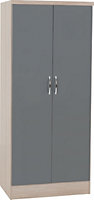 Nevada 2 Door All Hanging Wardrobe - L52 x W78 x H182.5 cm - Grey Gloss/Light Oak Effect Veneer