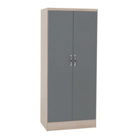Nevada 2 Door All Hanging Wardrobe - L52 x W78 x H182.5 cm - Grey Gloss/Light Oak Effect Veneer