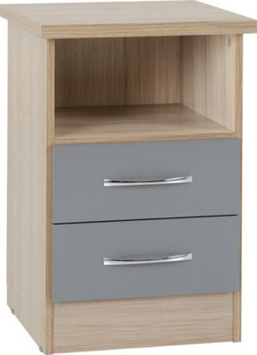 Nevada 2 Drawer Bedside in Grey Gloss Light Oak Effect Veneer