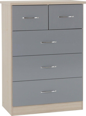 Nevada 3+2 Drawer Chest in Grey Gloss Light Oak Effect Veneer