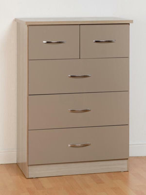 Nevada 3+2 Drawer Chest in Oyster Gloss Light Oak Effect Veneer