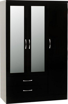 Nevada 3 Door 2 Drawer Mirrored Wardrobe in Black Gloss Finish | DIY at B&Q