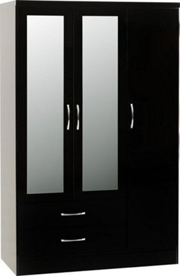 Nevada 3 Door 2 Drawer Mirrored Wardrobe - L52 x W116 x H182.5 cm - Black Gloss