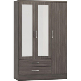 Nevada 3 Door 2 Drawer Mirrored Wardrobe - L52 x W116 x H182.5 cm - Black Wood Grain