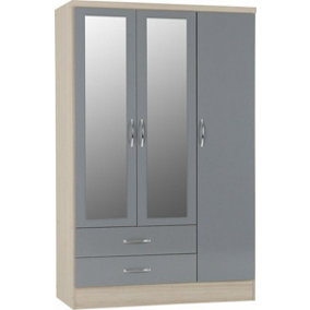 Nevada 3 Door 2 Drawer Mirrored Wardrobe - L52 x W116 x H182.5 cm - Grey Gloss/Light Oak Effect Veneer