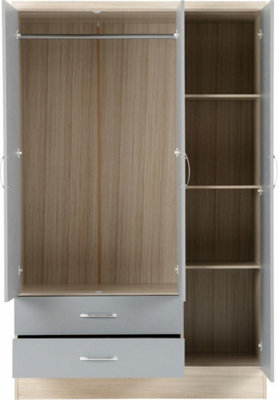 Nevada 3 Door 2 Drawer Mirrored Wardrobe - L52 x W116 x H182.5 cm - Grey Gloss/Light Oak Effect Veneer
