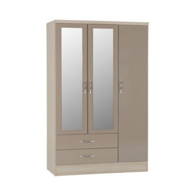Nevada 3 Door 2 Drawer Mirrored Wardrobe - L52 x W116 x H182.5 cm - Oyster Gloss/Light Oak Effect Veneer