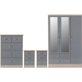 Nevada 3 Door 2 Drawer Mirrored Wardrobe Set Grey Gloss 2 Man Del