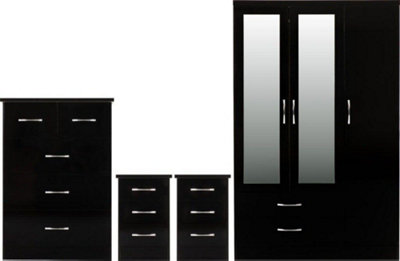 Nevada 3 Door Mirrored 2 Drawer 4 Piece Bedroom Set in Black Gloss Finish