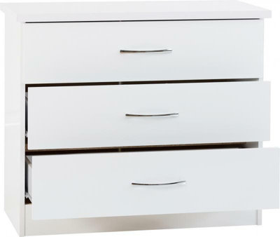 Nevada 3 Drawer Chest White This range comes flat-packed for easy home assembly. Instructions and fixing kits included.