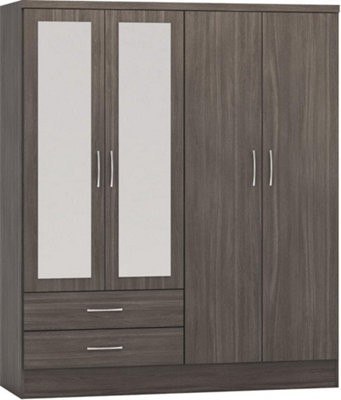 Nevada 4 Door 2 Drawer Mirrored Wardrobe in Black Wood Grain Effect Finish