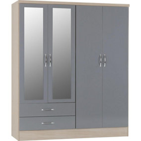 Nevada 4 Door 2 Drawer Mirrored Wardrobe in Grey Gloss and Oak Effect Finish
