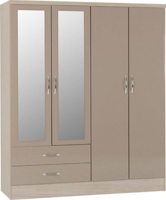 Nevada 4 Door 2 Drawer Mirrored Wardrobe in Oyster Gloss and Oak Effect Finish