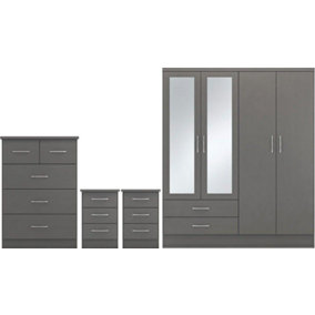 Nevada 4 Door 2 Drawer Mirrored Wardrobe Set 3D Grey 2 Man Del