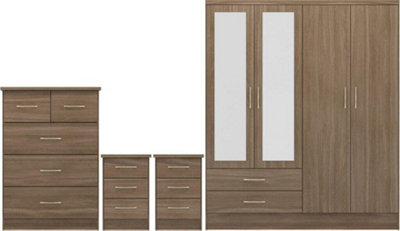 Nevada 4 Door 2 Drawer Mirrored Wardrobe Set Rustic Oak 2 Man Del