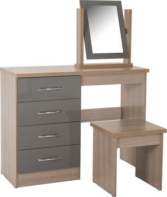 Nevada 4 Drawer Dressing Table Set Grey Stool and Mirror