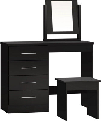 Nevada 4 Drawer Dressing Table Set Mirror Stool in Black Gloss Finish