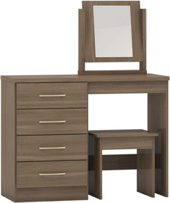 Nevada 4 Drawer Dressing Table Set Rustic Oak Effect with stool and mirror