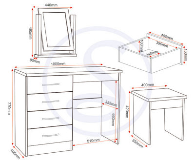 Nevada 4 Drawer Dressing Table Set Rustic Oak Effect with stool and mirror