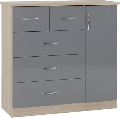 Nevada 5 Drawer 1 Door Low Wardrobe Grey Gloss and Light Oak Effect Veneer