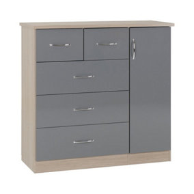 Nevada 5 Drawer 1 Door Low Wardrobe Grey Gloss and Light Oak Effect Veneer