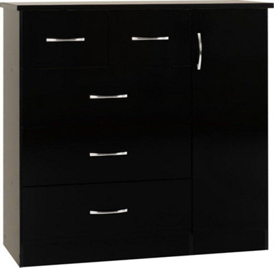 Nevada 5 Drawer 1 Door Low Wardrobe in Black Gloss Finish