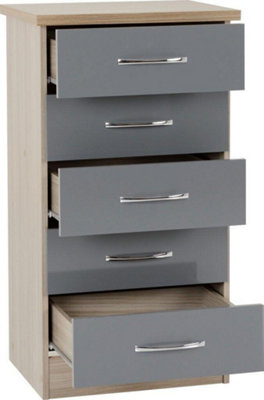 Nevada 5 Drawer Narrow Chest in Grey  Light Oak Effect Veneer