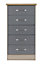 Nevada 5 Drawer Narrow Chest - L40 x W50 x H93 cm - Grey Gloss/Light Oak Effect Veneer