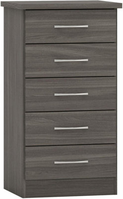 Nevada 5 Drawer Narrow Chest of Drawers Black Wood Grain Effect