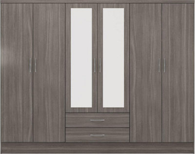 Nevada 6 Door 2 Drawer Mirrored Wardrobe in Black Grain Effect Finish